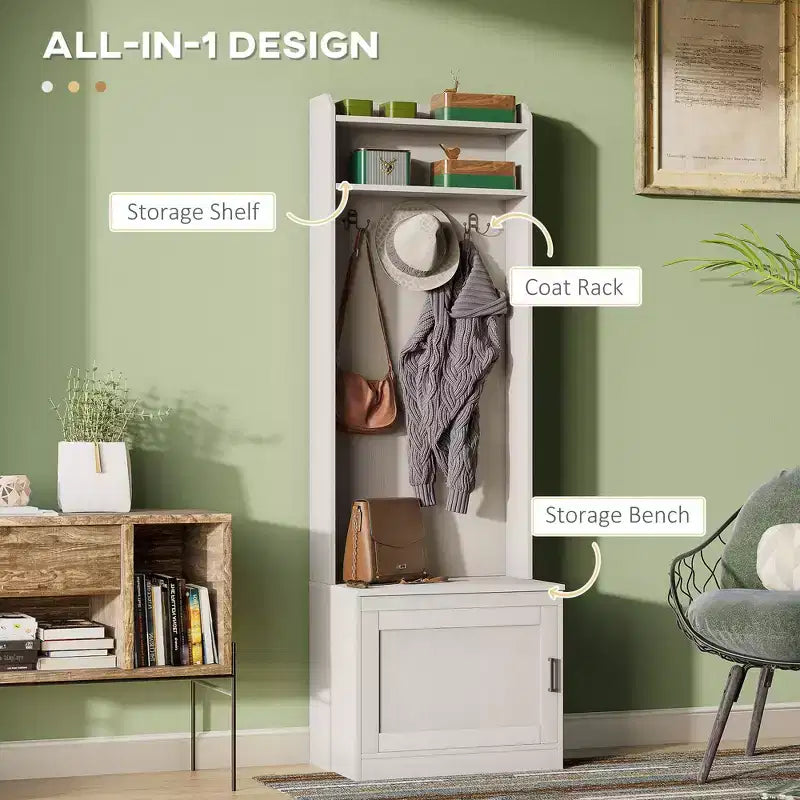 Porte-manteau rustique avec banc de rangement pour chaussures – 3 crochets, porte-manteau, étagères de rangement, blanc