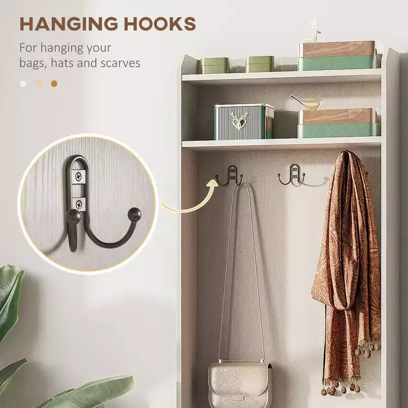 Porte-manteau rustique avec banc de rangement pour chaussures – 3 crochets, porte-manteau, étagères de rangement, blanc