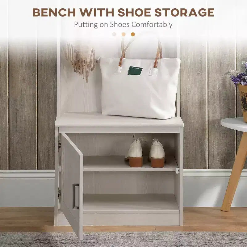 Porte-manteau rustique avec banc de rangement pour chaussures – 3 crochets, porte-manteau, étagères de rangement, blanc