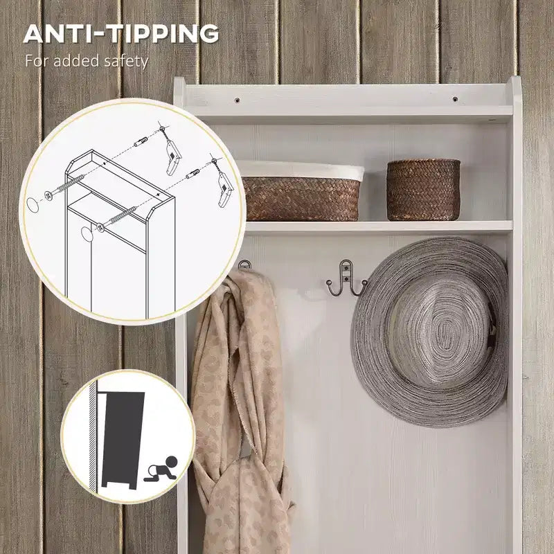 Porte-manteau rustique avec banc de rangement pour chaussures – 3 crochets, porte-manteau, étagères de rangement, blanc