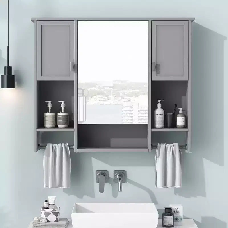 Meuble de Rangement Mural avec Miroir et Barre Porte-Serviettes, Armoire de Salle de Bain Murale en Bois pour Cuisine, Salon, Buanderie