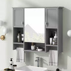 Meuble de Rangement Mural avec Miroir et Barre Porte-Serviettes, Armoire de Salle de Bain Murale en Bois pour Cuisine, Salon, Buanderie