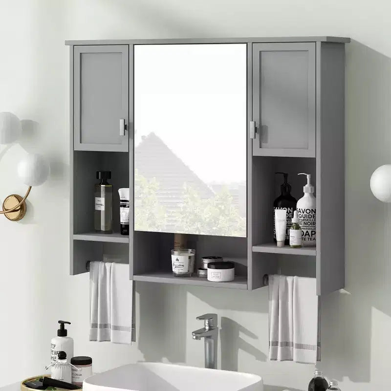 Meuble de Rangement Mural avec Miroir et Barre Porte-Serviettes, Armoire de Salle de Bain Murale en Bois pour Cuisine, Salon, Buanderie