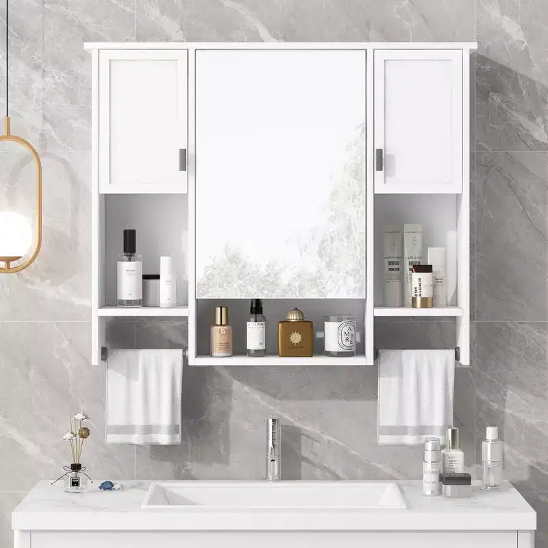 Meuble de Rangement Mural avec Miroir et Barre Porte-Serviettes, Armoire de Salle de Bain Murale en Bois pour Cuisine, Salon, Buanderie
