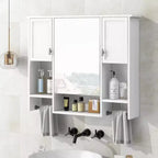 Meuble de Rangement Mural avec Miroir et Barre Porte-Serviettes, Armoire de Salle de Bain Murale en Bois pour Cuisine, Salon, Buanderie