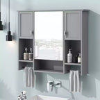 Bathroom Storage Cabinet, Wall Mounted Cabinet with Mirror, Towels Bar, Wooden Hanging Medicine Cabinet for Kitchen, Living Room, Laundry Room