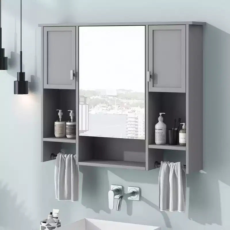 Bathroom Storage Cabinet, Wall Mounted Cabinet with Mirror, Towels Bar, Wooden Hanging Medicine Cabinet for Kitchen, Living Room, Laundry Room