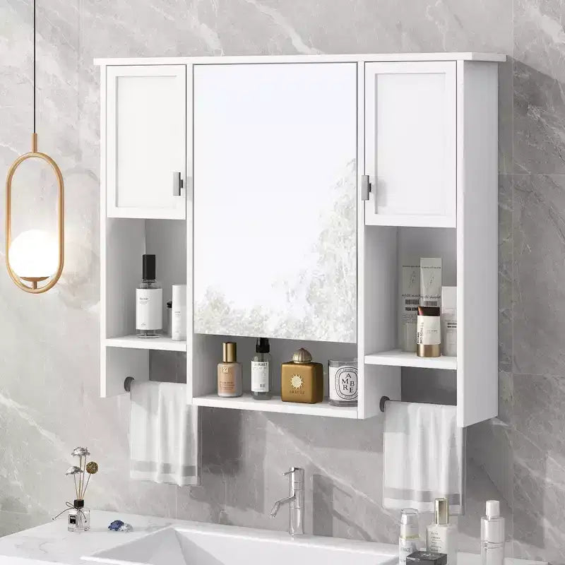 Meuble de Rangement Mural avec Miroir et Barre Porte-Serviettes, Armoire de Salle de Bain Murale en Bois pour Cuisine, Salon, Buanderie