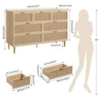 Commode 7 tiroirs en rotin – Portes tressées à la main, 5 pieds en métal, Rangement pour chambre et salon