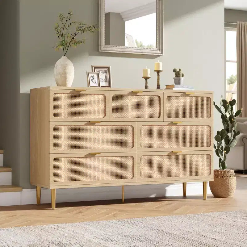 Commode 7 tiroirs en rotin – Portes tressées à la main, 5 pieds en métal, Rangement pour chambre et salon