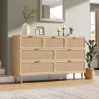 Commode 7 tiroirs en rotin – Portes tressées à la main, 5 pieds en métal, Rangement pour chambre et salon