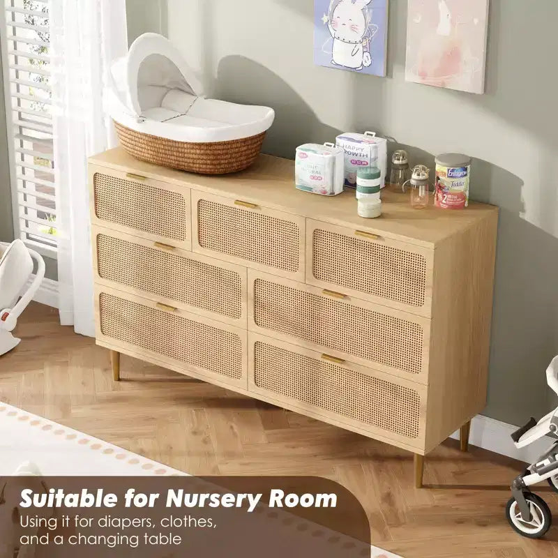 Commode 7 tiroirs en rotin – Portes tressées à la main, 5 pieds en métal, Rangement pour chambre et salon