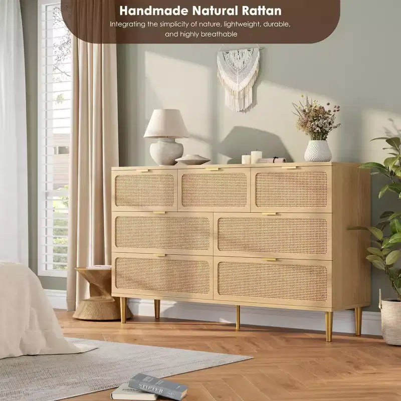Commode 7 tiroirs en rotin – Portes tressées à la main, 5 pieds en métal, Rangement pour chambre et salon