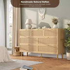Commode 7 tiroirs en rotin – Portes tressées à la main, 5 pieds en métal, Rangement pour chambre et salon