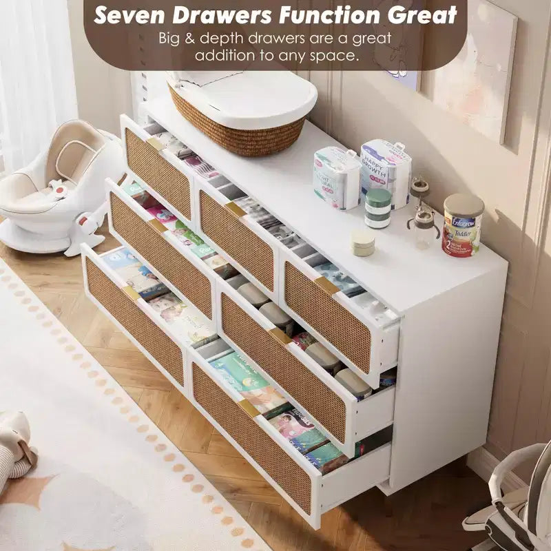 Commode 7 tiroirs en rotin – Portes tressées à la main, 5 pieds en métal, Rangement pour chambre et salon