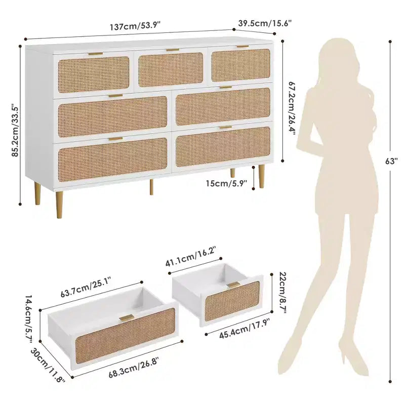 Commode 7 tiroirs en rotin – Portes tressées à la main, 5 pieds en métal, Rangement pour chambre et salon
