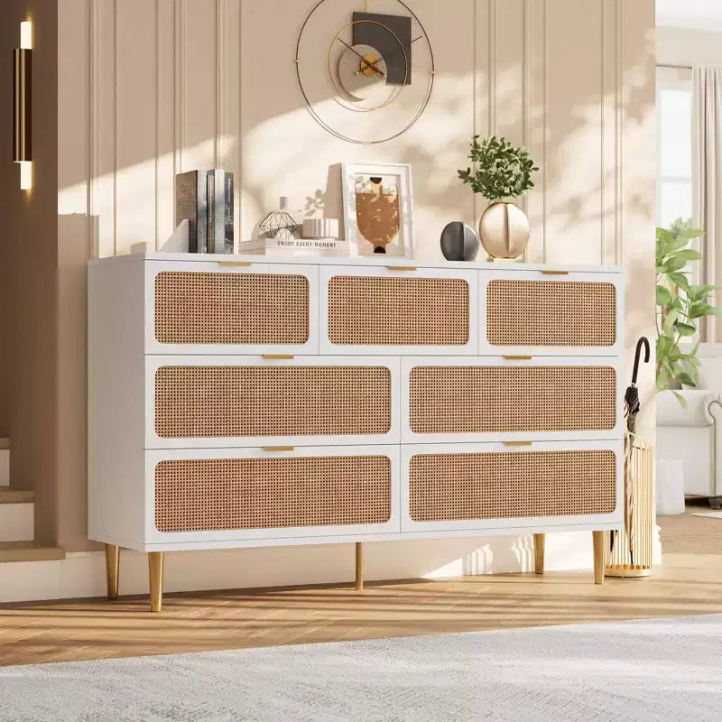 Commode 7 tiroirs en rotin – Portes tressées à la main, 5 pieds en métal, Rangement pour chambre et salon