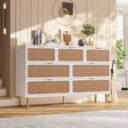 Commode 7 tiroirs en rotin – Portes tressées à la main, 5 pieds en métal, Rangement pour chambre et salon