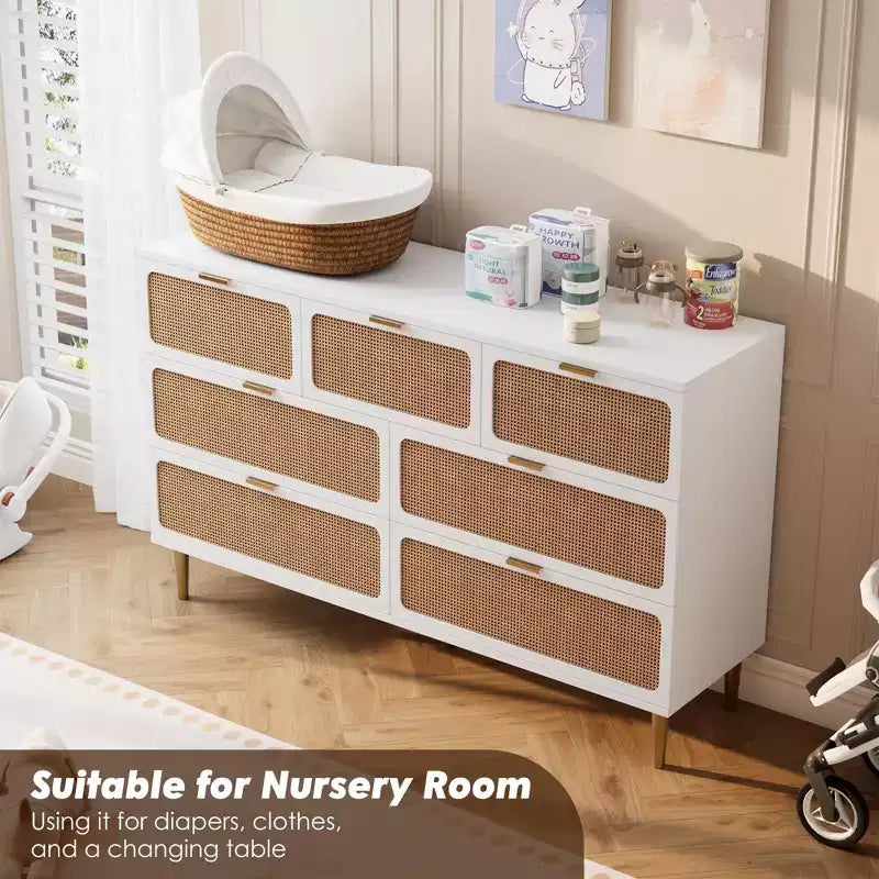 Commode 7 tiroirs en rotin – Portes tressées à la main, 5 pieds en métal, Rangement pour chambre et salon