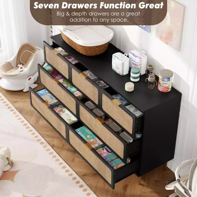 Commode 7 tiroirs en rotin – Portes tressées à la main, 5 pieds en métal, Rangement pour chambre et salon