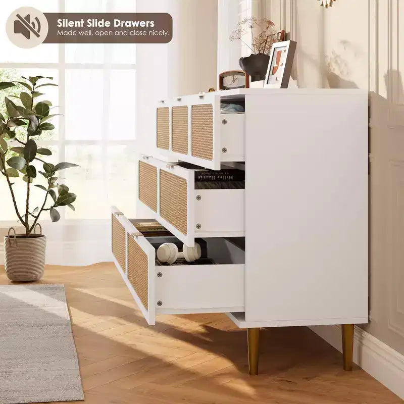 Commode 7 tiroirs en rotin – Portes tressées à la main, 5 pieds en métal, Rangement pour chambre et salon