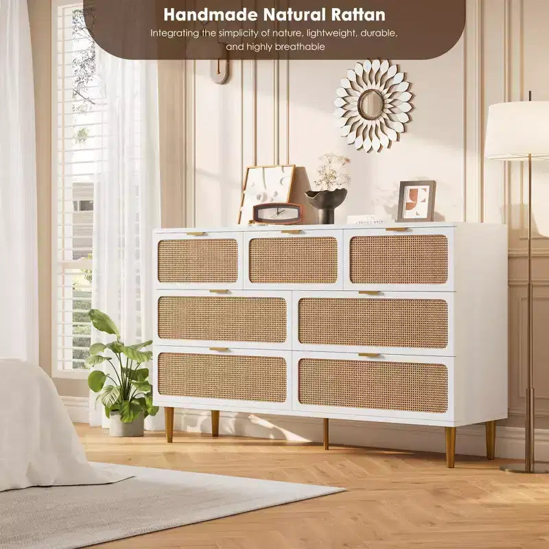 Commode 7 tiroirs en rotin – Portes tressées à la main, 5 pieds en métal, Rangement pour chambre et salon