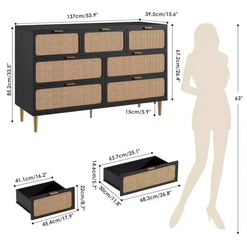 Commode 7 tiroirs en rotin – Portes tressées à la main, 5 pieds en métal, Rangement pour chambre et salon