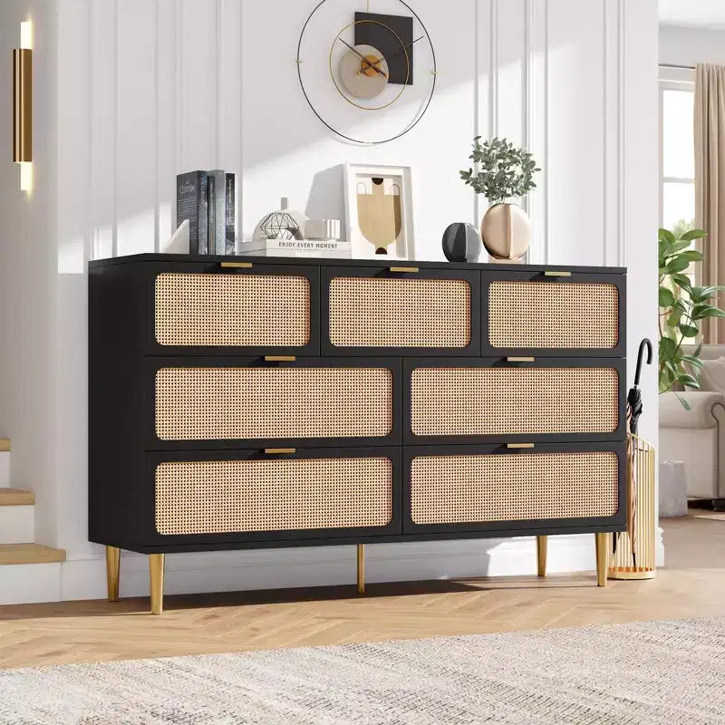 Commode 7 tiroirs en rotin – Portes tressées à la main, 5 pieds en métal, Rangement pour chambre et salon