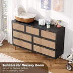 Commode 7 tiroirs en rotin – Portes tressées à la main, 5 pieds en métal, Rangement pour chambre et salon