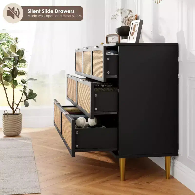 Commode 7 tiroirs en rotin – Portes tressées à la main, 5 pieds en métal, Rangement pour chambre et salon