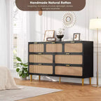 Commode 7 tiroirs en rotin – Portes tressées à la main, 5 pieds en métal, Rangement pour chambre et salon