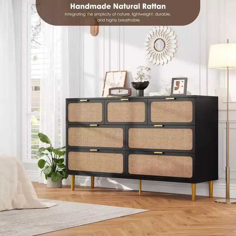 Commode 7 tiroirs en rotin – Portes tressées à la main, 5 pieds en métal, Rangement pour chambre et salon