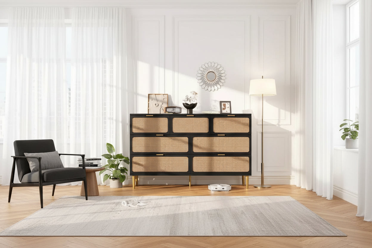 GustoWave 7-Drawer Rattan Dresser, Tall Chest of Drawers with Handwoven Doors and 5 Strong Metal Legs for Bedroom, Living Room Storage