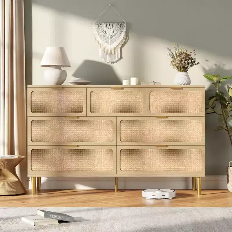 Commode 7 tiroirs en rotin – Portes tressées à la main, 5 pieds en métal, Rangement pour chambre et salon