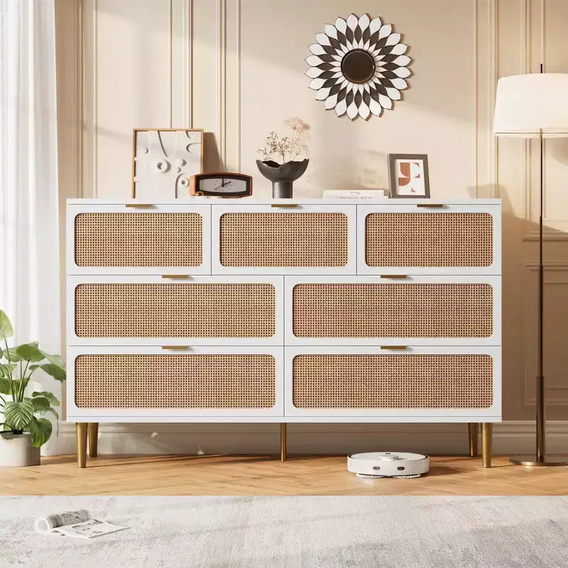 Commode 7 tiroirs en rotin – Portes tressées à la main, 5 pieds en métal, Rangement pour chambre et salon