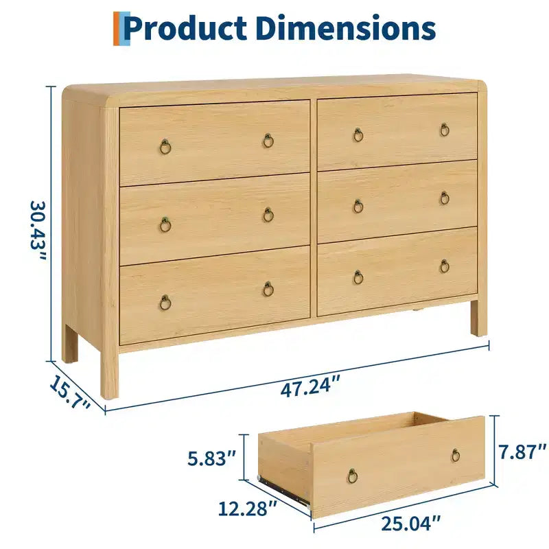 Commode moderne à 7 tiroirs – Aspect bois, poignées métalliques, bords arrondis