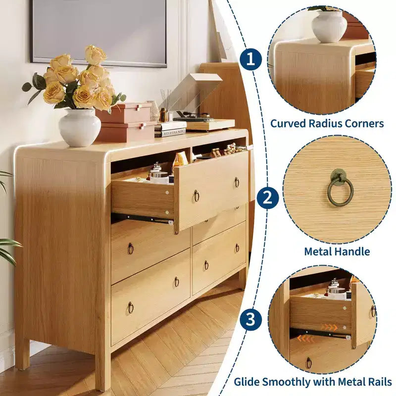 Commode moderne à 7 tiroirs – Aspect bois, poignées métalliques, bords arrondis