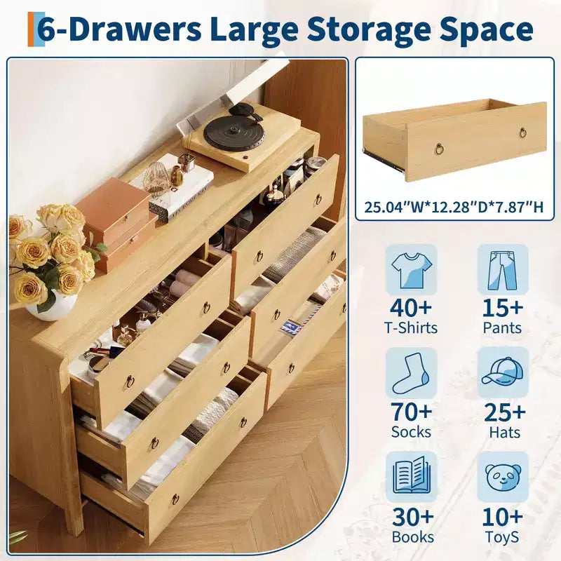 Commode moderne à 7 tiroirs – Aspect bois, poignées métalliques, bords arrondis