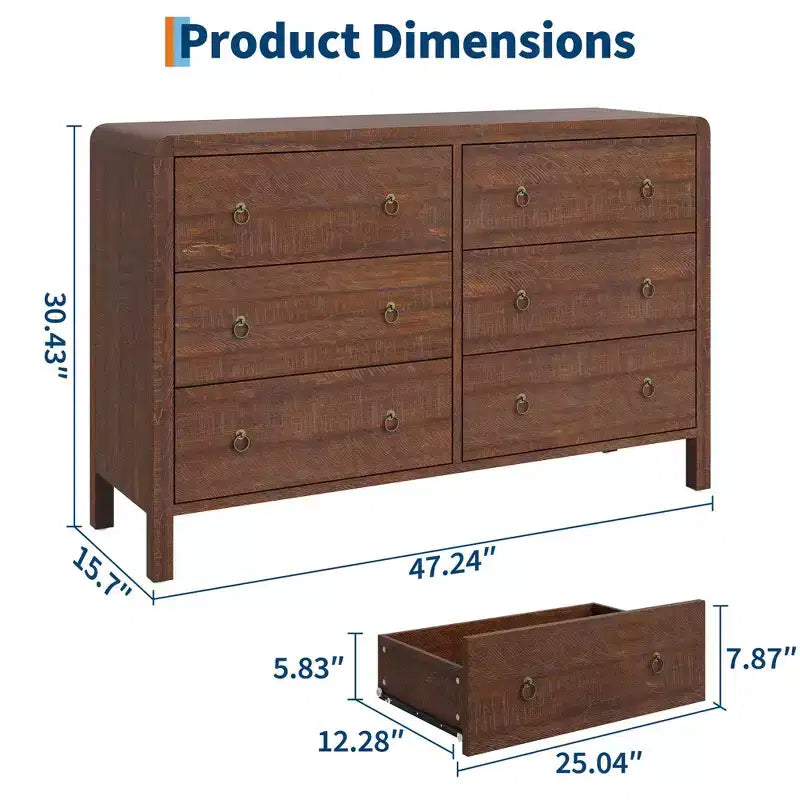 Commode moderne à 7 tiroirs – Aspect bois, poignées métalliques, bords arrondis