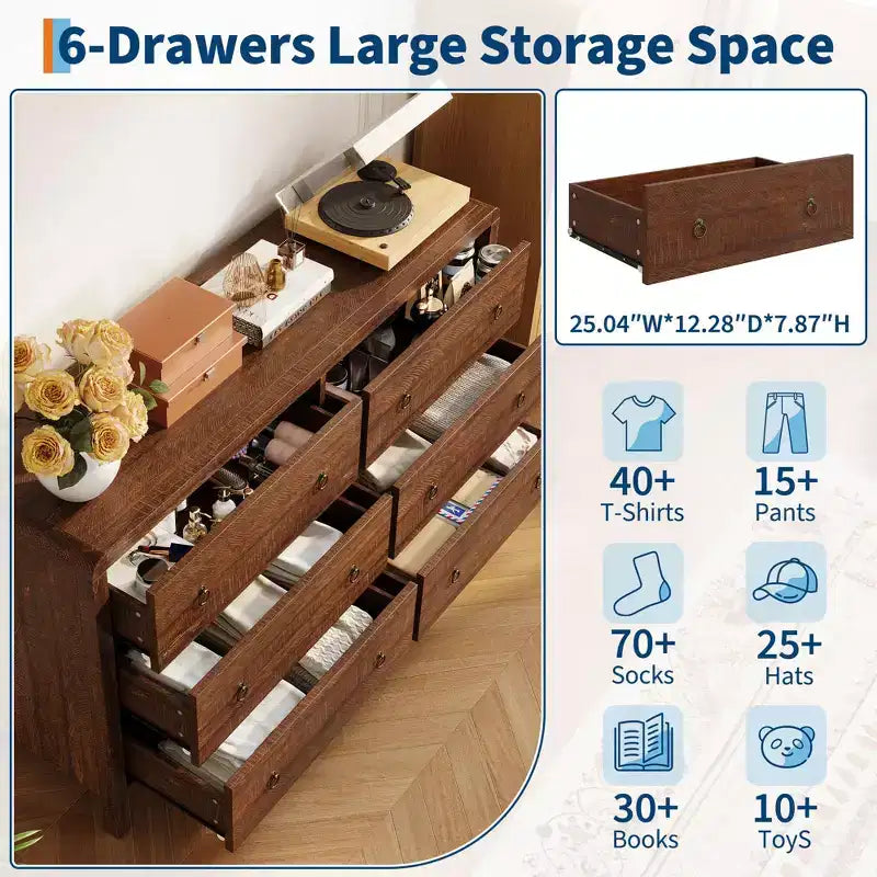 Commode moderne à 7 tiroirs – Aspect bois, poignées métalliques, bords arrondis