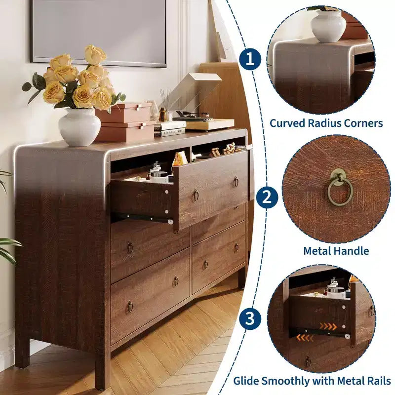 Commode moderne à 7 tiroirs – Aspect bois, poignées métalliques, bords arrondis