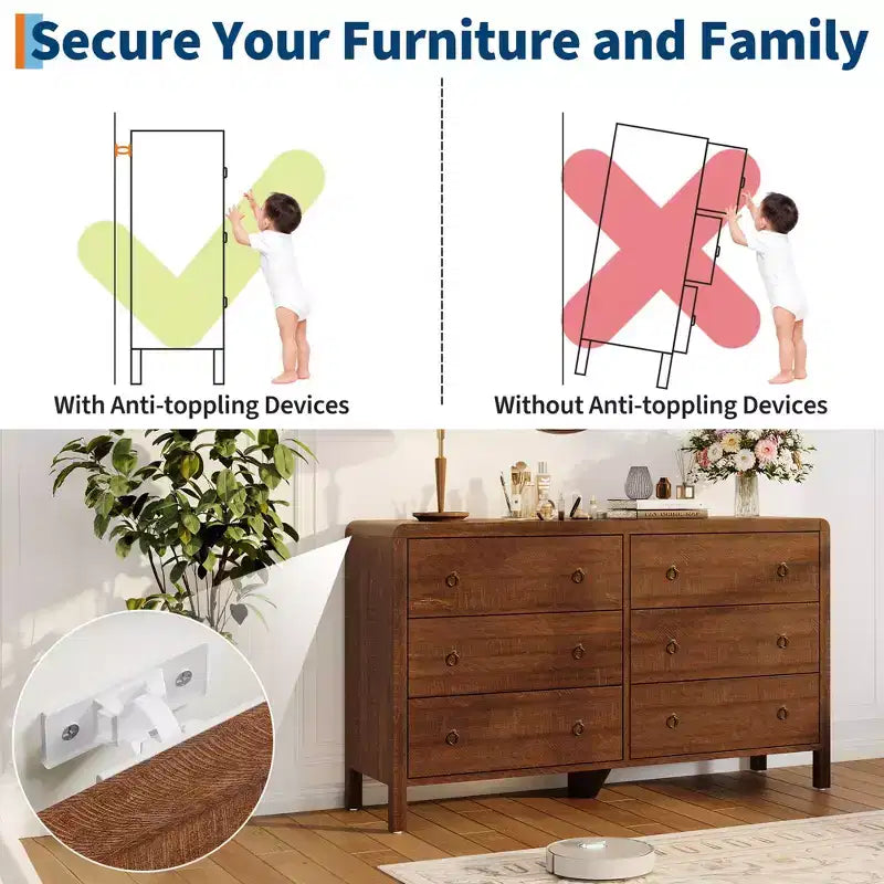 Commode moderne à 7 tiroirs – Aspect bois, poignées métalliques, bords arrondis