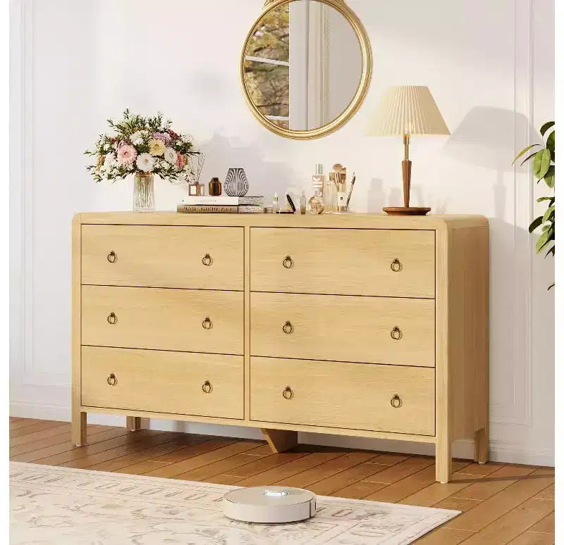 Commode moderne à 7 tiroirs – Aspect bois, poignées métalliques, bords arrondis