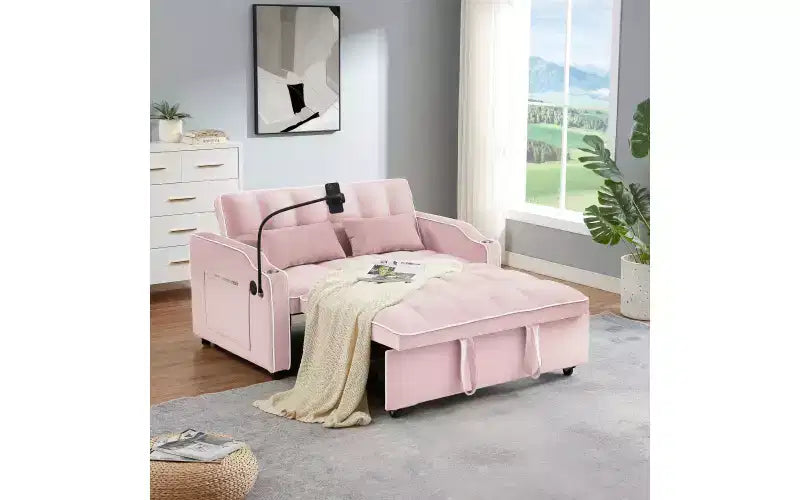 Convertible Sleeper Sofa Bed, Velvet Futon Loveseat with USB, Pull-Out Bed, Cup Holders, Swivel Phone Holder for Small Spaces
