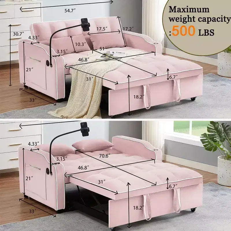 Canapé-lit convertible, futon 2 places en velours avec USB, lit gigogne, porte-gobelets, support de téléphone pivotant pour petits espaces