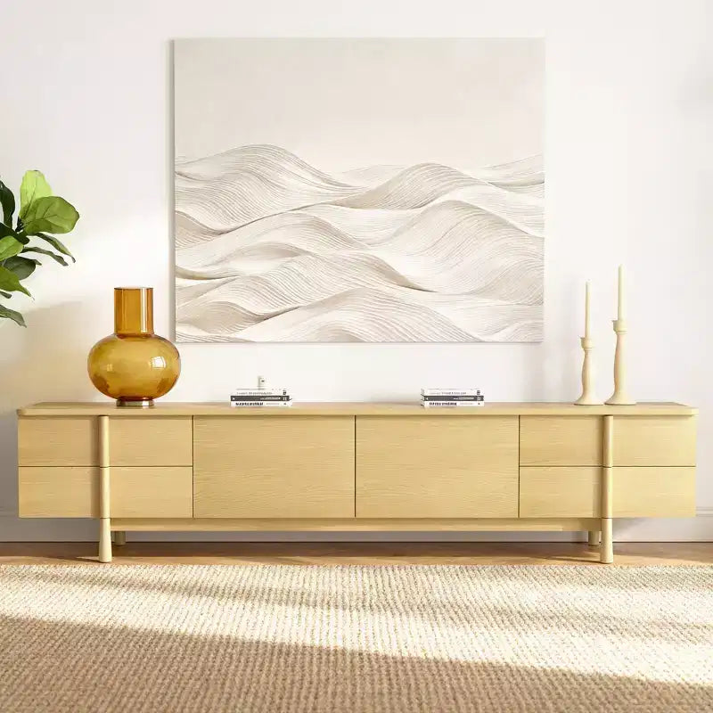 Meuble TV de 220,5 cm avec tiroirs et placards – Convient aux TV jusqu'à 90", bois clair, 127 kg
