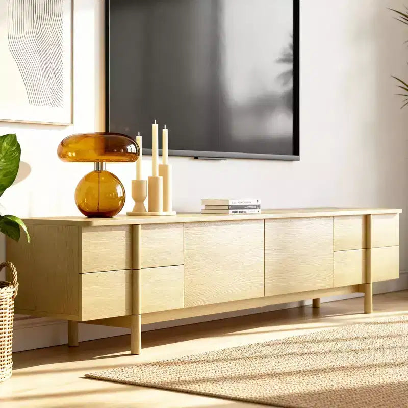 Meuble TV de 220,5 cm avec tiroirs et placards – Convient aux TV jusqu'à 90", bois clair, 127 kg