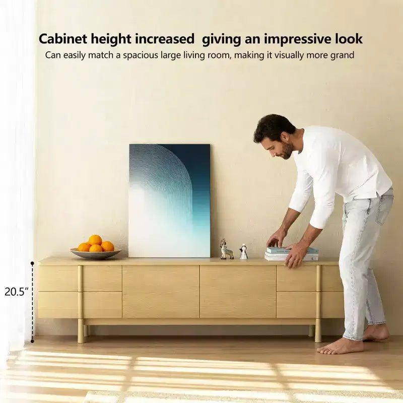 Meuble TV de 220,5 cm avec tiroirs et placards – Convient aux TV jusqu'à 90", bois clair, 127 kg