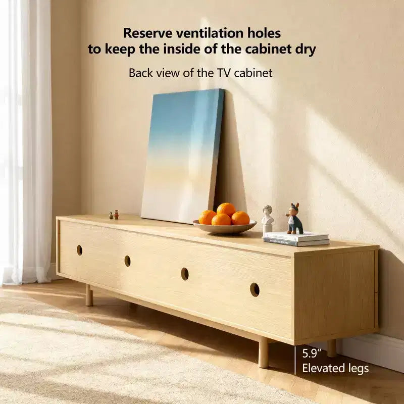 Meuble TV de 220,5 cm avec tiroirs et placards – Convient aux TV jusqu'à 90", bois clair, 127 kg