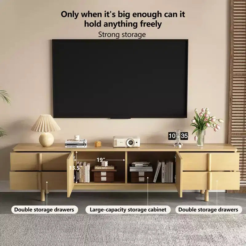 Meuble TV de 220,5 cm avec tiroirs et placards – Convient aux TV jusqu'à 90", bois clair, 127 kg